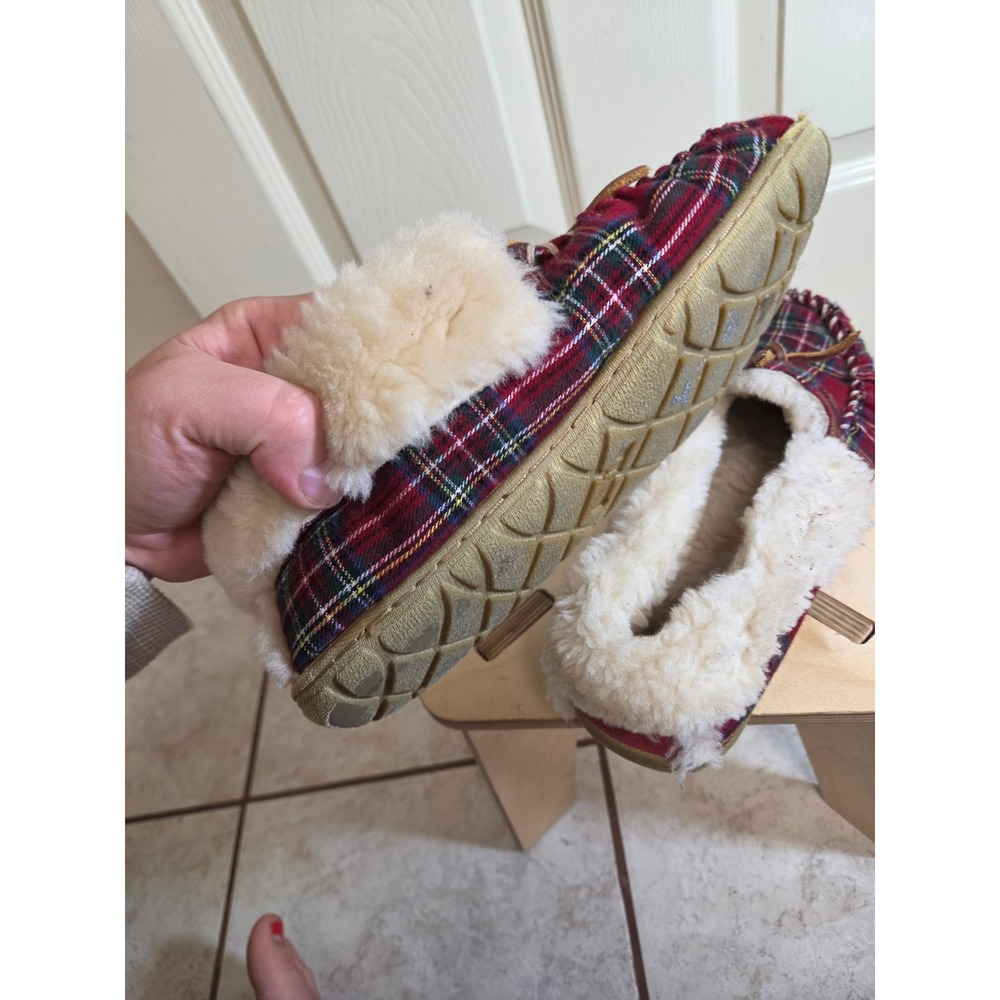 Womens Red‎ Plaid Flannel Moccasin Slippers Faux Fur Lined Size 9 Medium - Picture 10 of 11